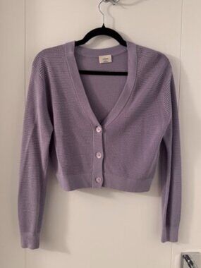 Aritzia wilfred little cropped sweater cardigan lilac lavender XS